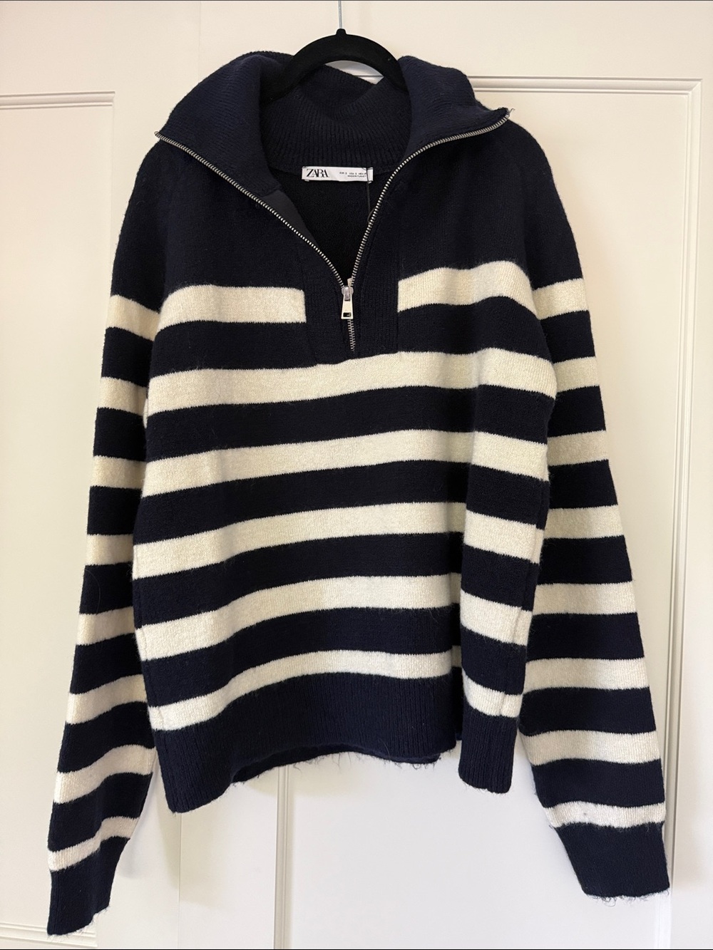 Zara Navy & White Striped Half-Zip Pullover